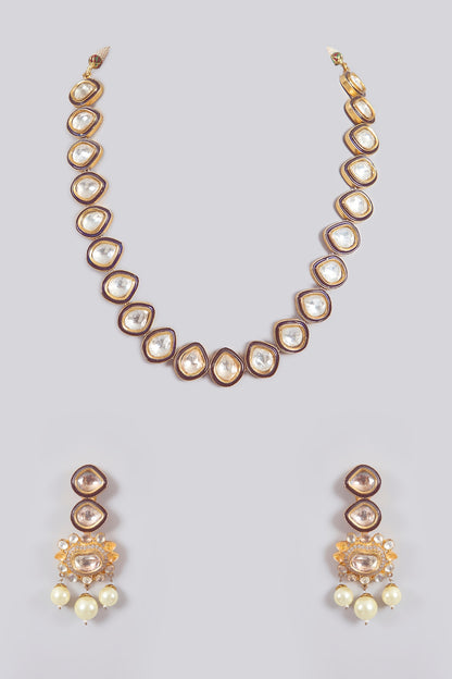 Gold Finish Kundan Polki Long Necklace Set