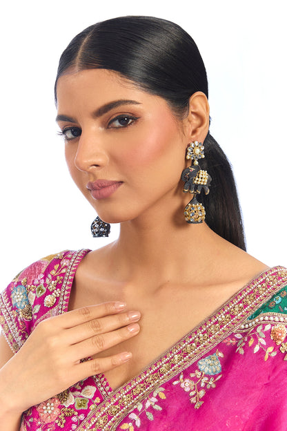 Antique Gold Finish Kundan Polki & Multi-Colored Stone Jhumka Earrings