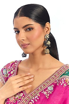 Antique Gold Finish Kundan Polki & Multi-Colored Stone Jhumka Earrings