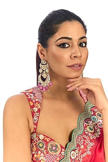 Silver Finish Kundan Polki & Pink Beads Chandbali Earrings
