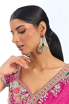Gold Finish Kundan Polki & Green Beaded Chandelier Earrings