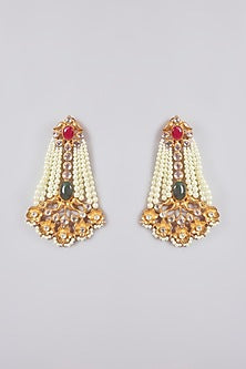 Gold Finish Kundan Polki & Green Beaded Chandelier Earrings