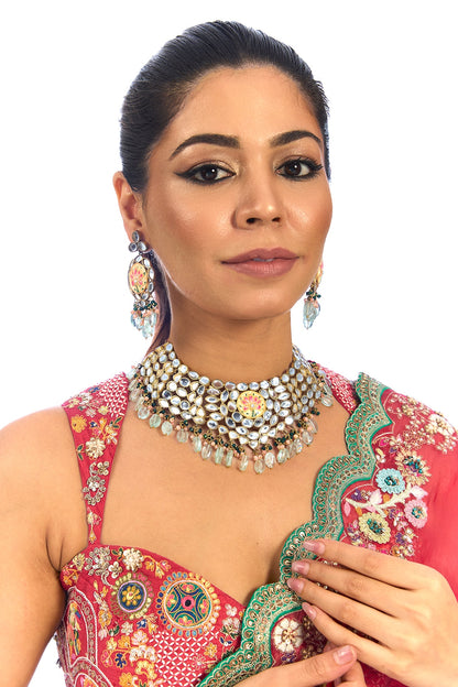 Gold Finish Kundan Polki & Mirror Stone Choker Necklace Set