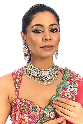 Gold Finish Kundan Polki & Mirror Stone Choker Necklace Set