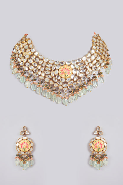 Gold Finish Kundan Polki & Mirror Stone Choker Necklace Set