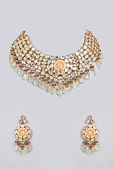 Gold Finish Kundan Polki & Mirror Stone Choker Necklace Set