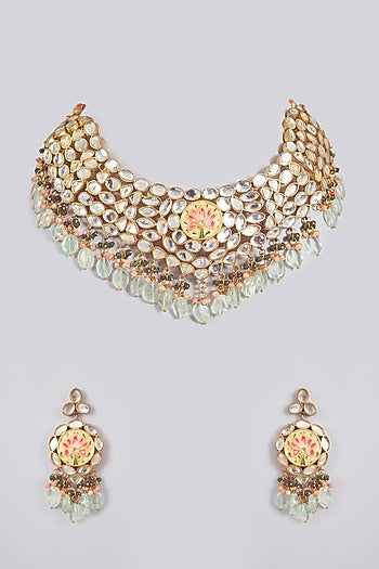 Gold Finish Kundan Polki & Mirror Stone Choker Necklace Set