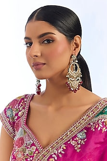Gold Finish Kundan Polki & Maroon Beaded Chandbali Earrings
