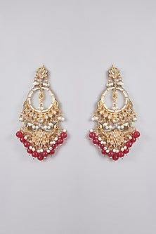 Gold Finish Kundan Polki & Maroon Beaded Chandbali Earrings
