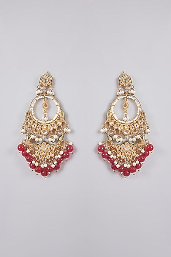 Gold Finish Kundan Polki & Maroon Beaded Chandbali Earrings
