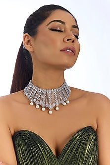 Silver Finish Crystal & Pearl Choker Necklace Set