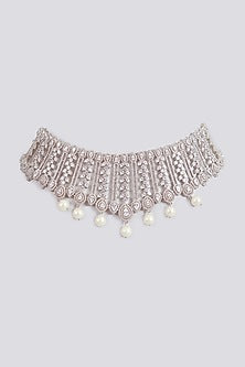 Silver Finish Crystal & Pearl Choker Necklace Set
