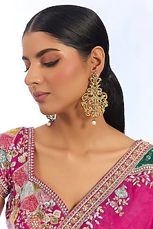Gold Finish Kundan Polki & Pink Beads Jhumka Earrings