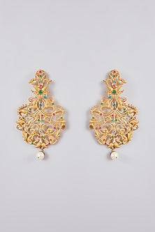 Gold Finish Kundan Polki & Pink Beads Jhumka Earrings