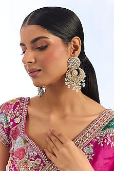 Gold Finish Kundan Polki & Pearl Drop Chandbali Earrings