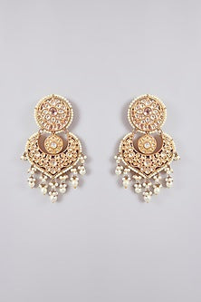 Gold Finish Kundan Polki & Pearl Drop Chandbali Earrings