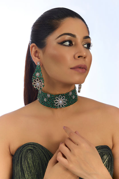 Green Stone Velvet Floral Choker Necklace Set