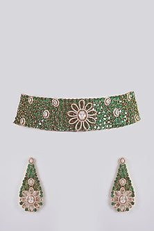 Green Stone Velvet Floral Choker Necklace Set