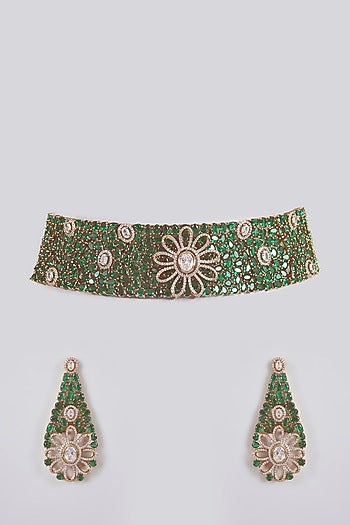 Green Stone Velvet Floral Choker Necklace Set