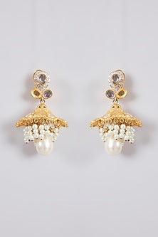 Silver Finish Pearl & Stone Jhumka Earrings