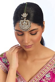 Gold Finish White Stone & Green Beaded Maangtikka