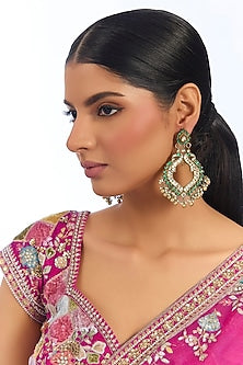 Gold Finish Kundan Polki & Green Stone Chandbali Earrings