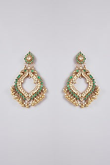 Gold Finish Kundan Polki & Green Stone Chandbali Earrings