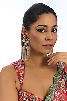 Gold Finish Kundan Polki Long Tassel Earrings