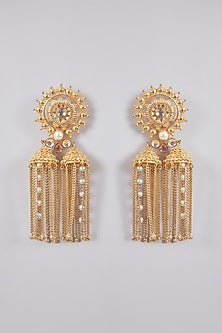 Gold Finish Kundan Polki Long Tassel Earrings