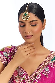 Gold Finish Green & White Stone Maangtikka