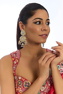 Gold Finish Pink Stone & Pearl Jhumka Earrings