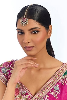 Gold Finish Kundan Polki & Pink Stone Maangtikka