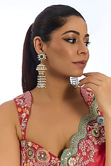 Gold Finish Kundan Polki & Green Stone Jhumka Earrings