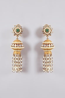 Gold Finish Kundan Polki & Green Stone Jhumka Earrings