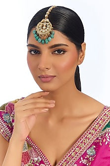 Gold Finish Kundan Polki & Green Stone Maangtikka