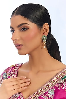 Gold Finish Kundan Polki & Green Stone Dangler Earrings