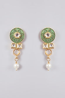 Gold Finish Kundan Polki & Green Stone Dangler Earrings