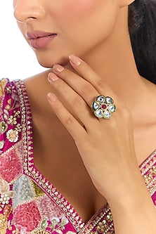 Gold Finish Kundan Polki & Red Stone Ring