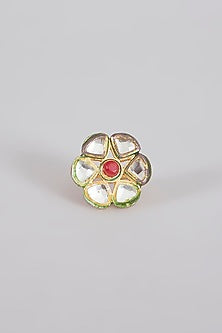 Gold Finish Kundan Polki & Red Stone Ring