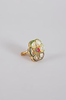 Gold Finish Kundan Polki & Red Stone Ring