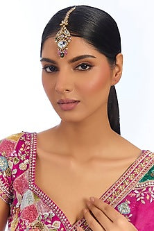 Gold Finish Kundan Polki & Multi-Colored Stone Maangtikka