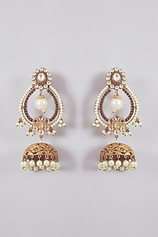Gold Finish Kundan Polki & Black Stone Jhumka Earrings