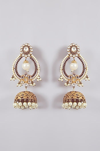 Gold Finish Kundan Polki & Black Stone Jhumka Earrings