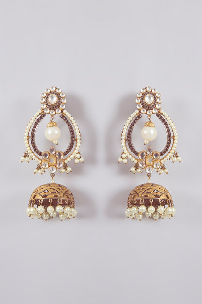 Gold Finish Kundan Polki & Black Stone Jhumka Earrings