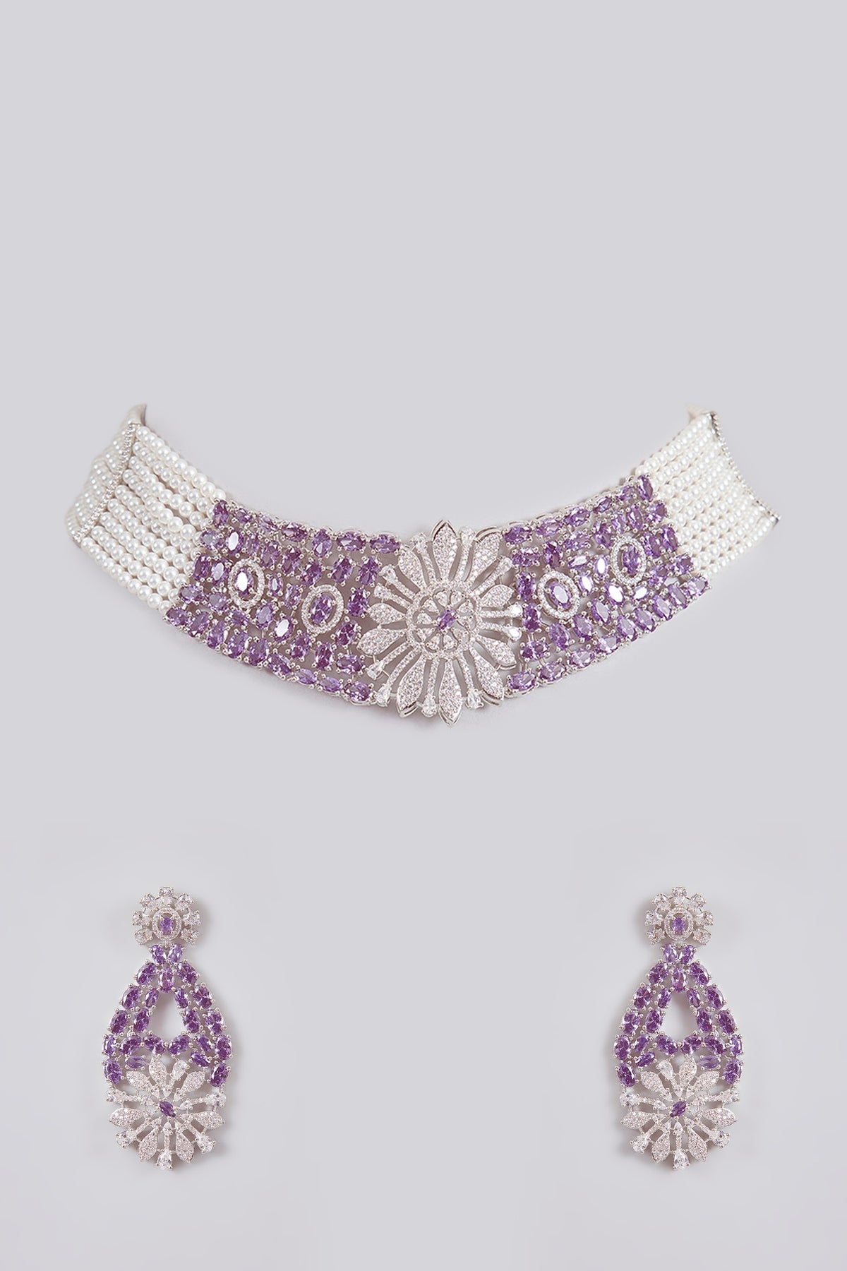 Silver Finish White & Purple Stone Floral Choker Necklace Set