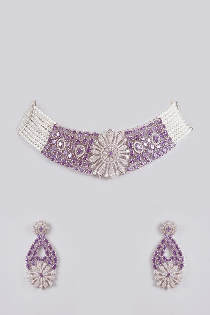 Silver Finish White & Purple Stone Floral Choker Necklace Set