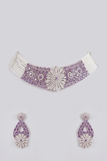Silver Finish White & Purple Stone Floral Choker Necklace Set