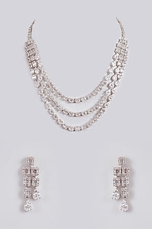 Silver Finish Crystal Layered Choker Necklace Set