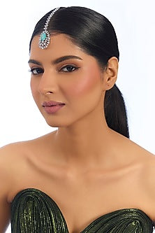 Silver Finish Pearl & Blue Stone Maangtikka