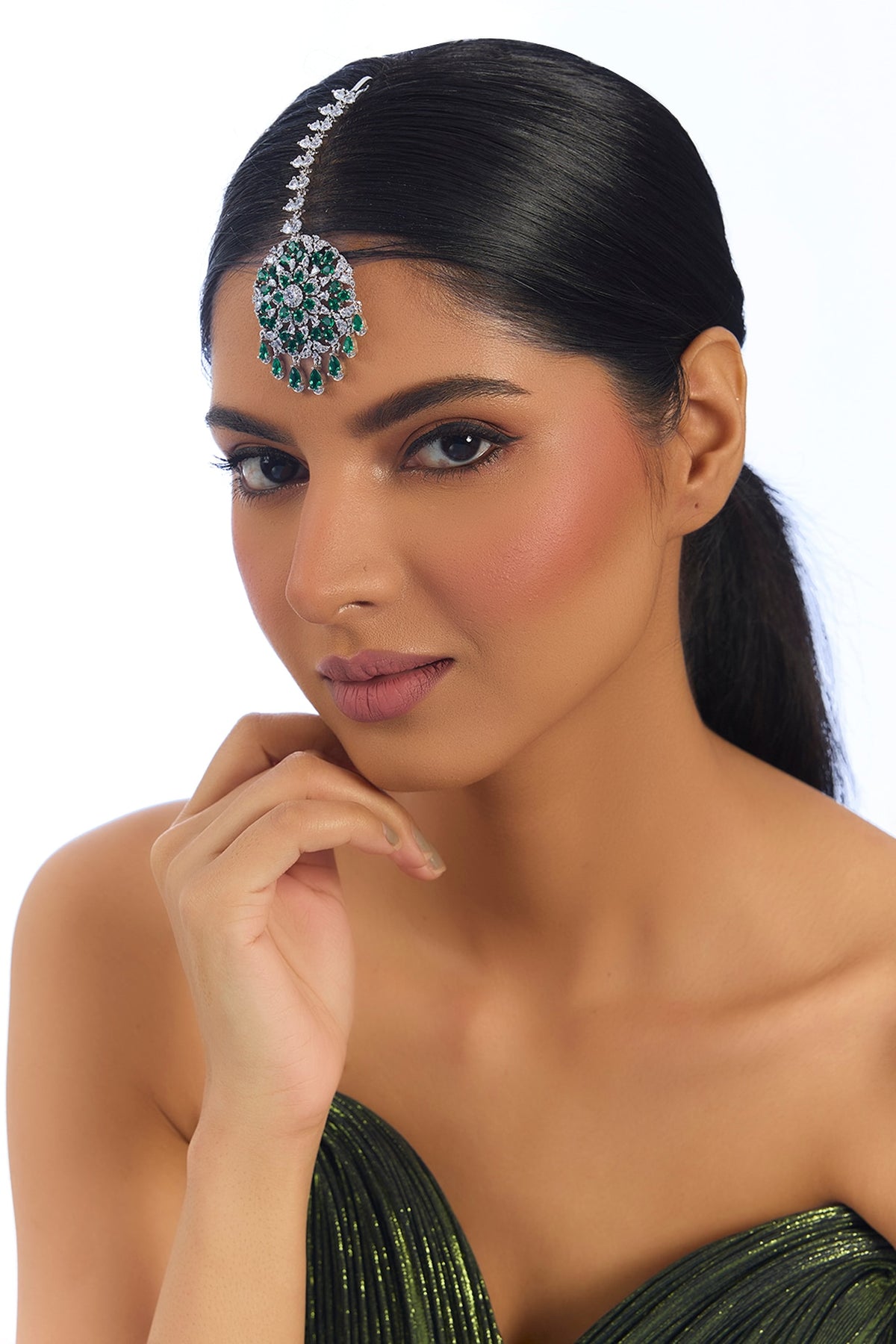 Gold Finish Kundan Polki & Green Stone Maangtikka
